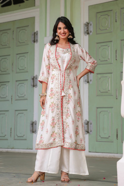 Ivory Chanderi Silk Floral Printed Shrug Set