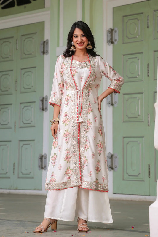 Ivory Chanderi Silk Floral Printed Shrug Set