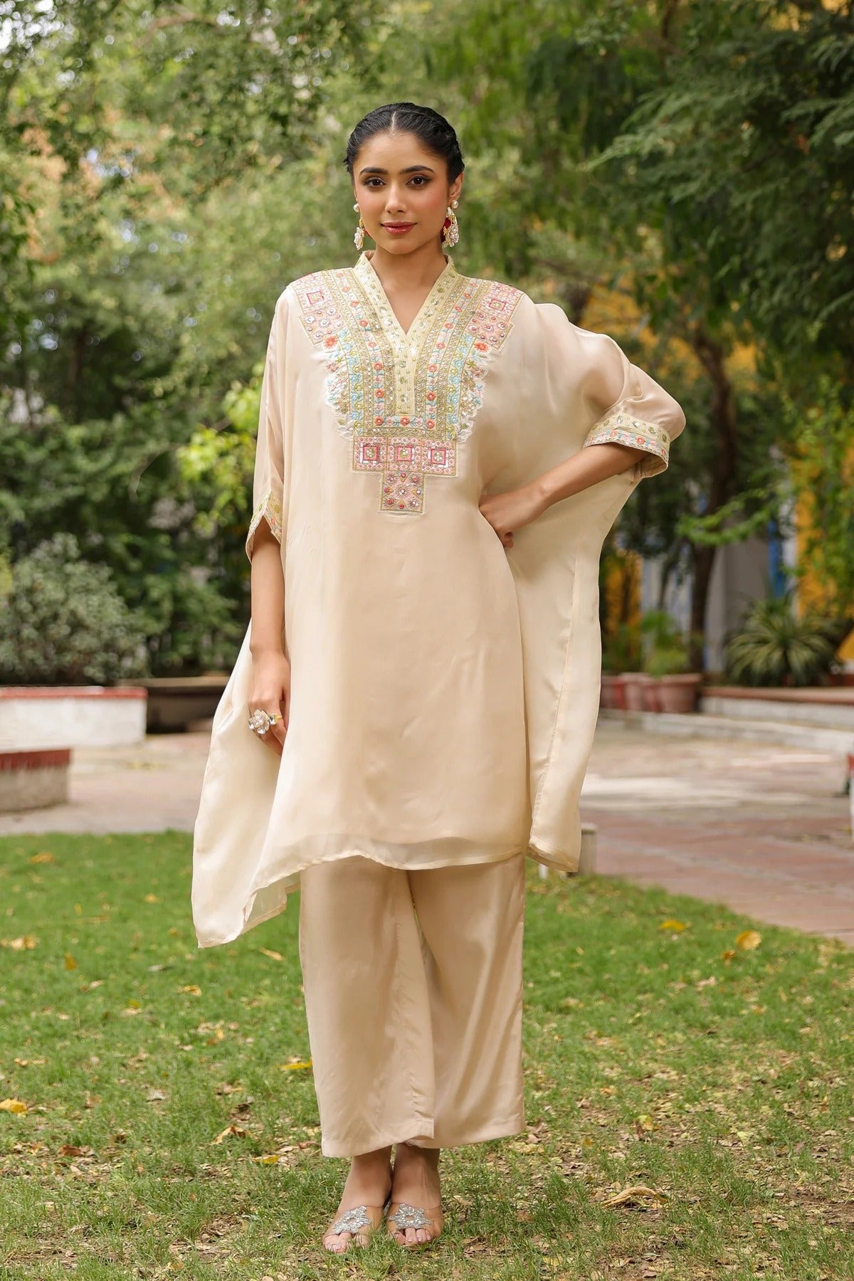 Beige Organza Silk Embroidered Kaftan Set