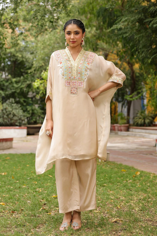 Beige Organza Silk Embroidered Kaftan Set