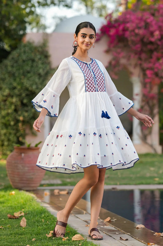 White Cotton Mulmul Embroidered Midi Dress