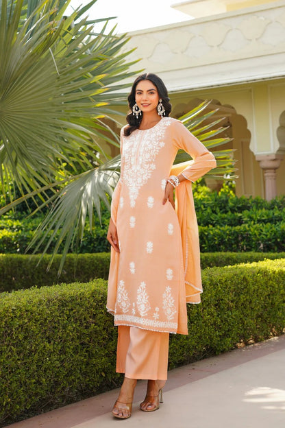 Peach Viscose Solid Embroidered Straight Kurta Palazzo With Dupatta