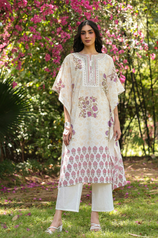 Purple Jaal-Motifs Cotton Block Printed Kaftan Set