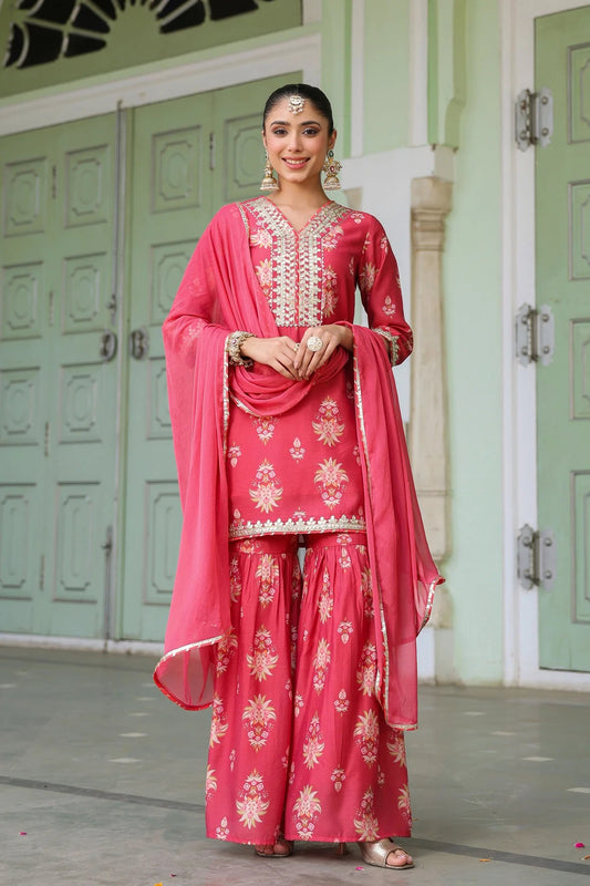Coral Chanderi Silk Floral Printed Sharara Set