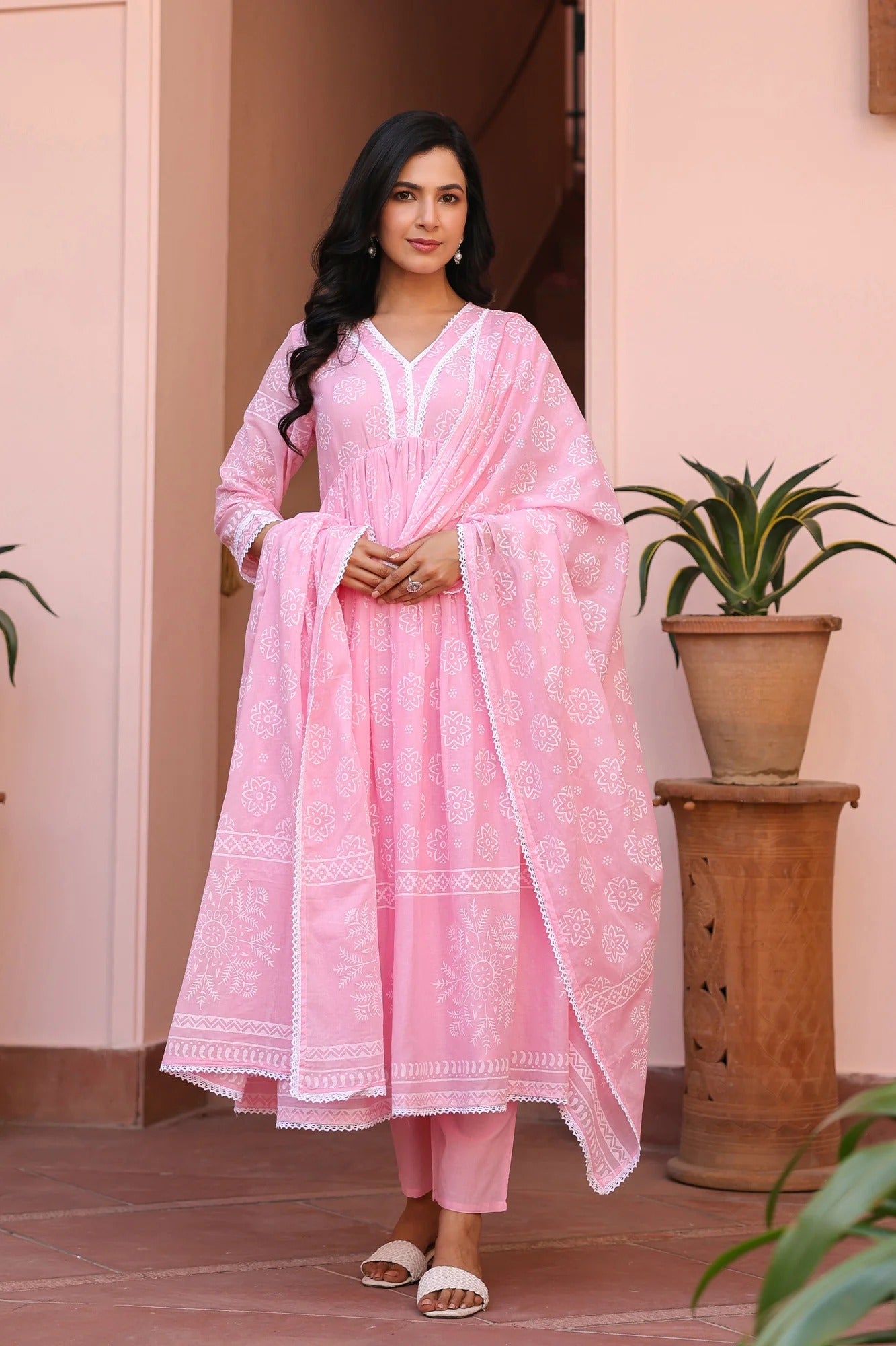 Pink Cotton Mulmul Khari Printed Gathered Anarkali Set