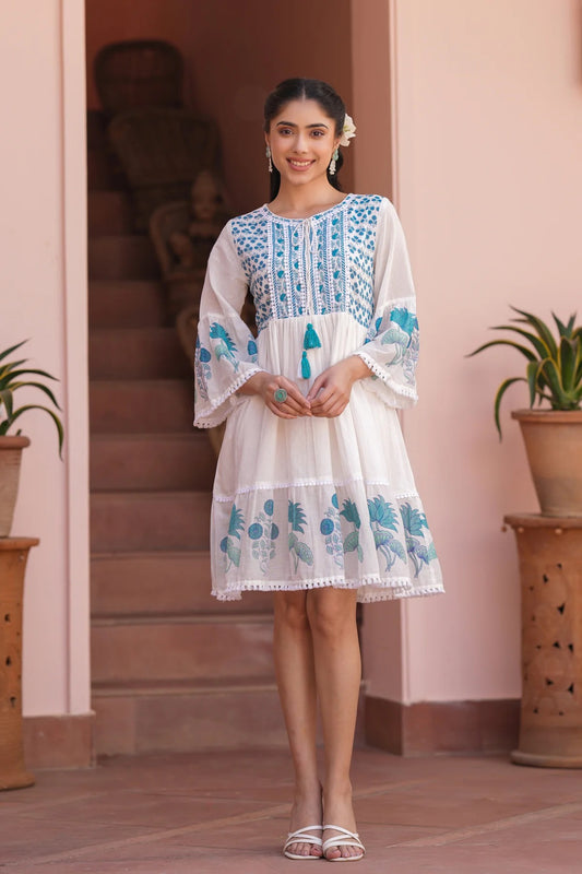 Teal Floral Cotton Block Printed Midi Tiered Dress