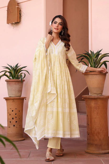 Lime Green Cotton Mulmul Khari Printed Gathered Anarkali Set