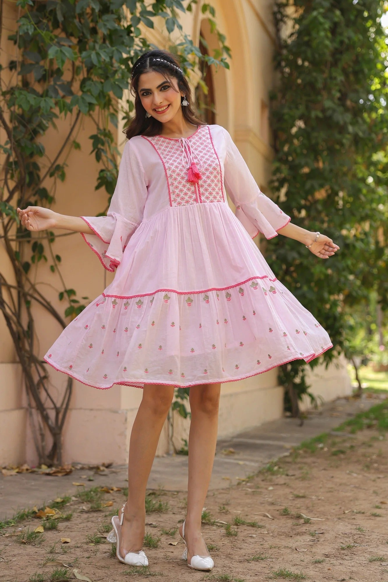 Pink Cotton Mulmul Embroidered Midi Dress