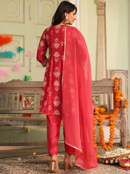 Coral Chanderi Silk Floral Printed Anarkali Set