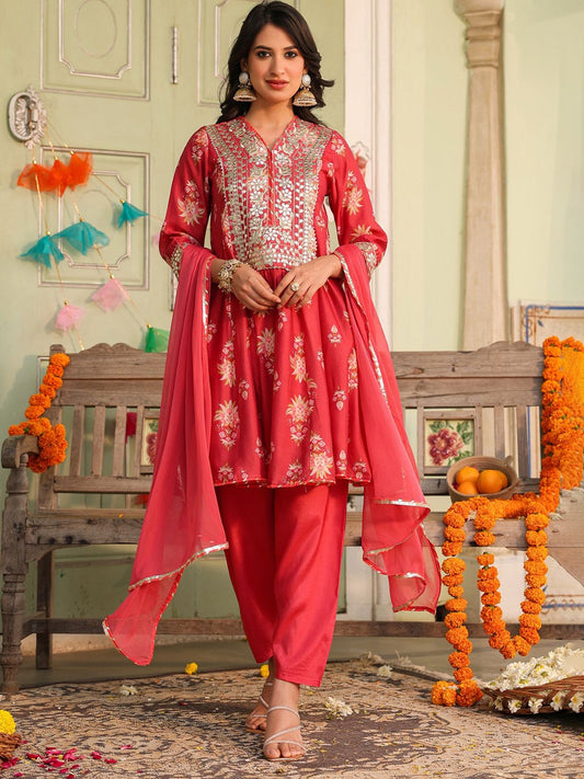 Coral Chanderi Silk Floral Printed Anarkali Set