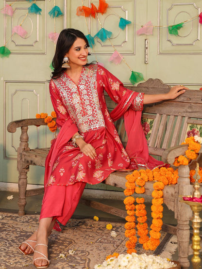 Coral Chanderi Silk Floral Printed Anarkali Set