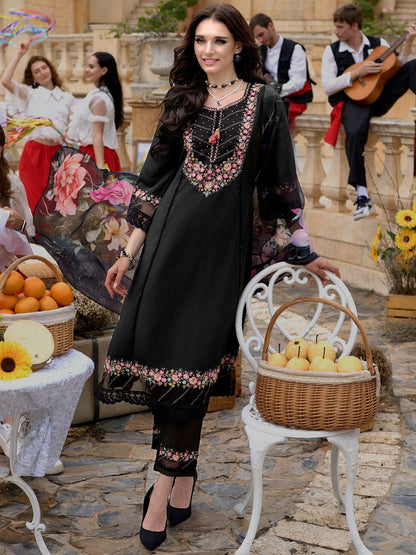 Premium Floral Yoke Design Thread Work A-Line Kurta With Trousers & Dupatta