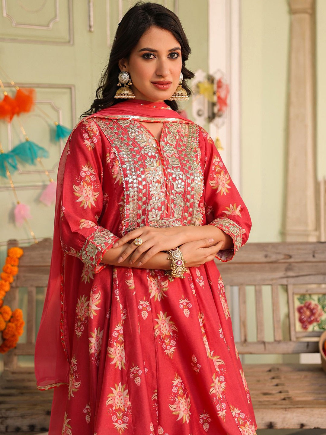 Coral Chanderi Silk Floral Printed Anarkali Set