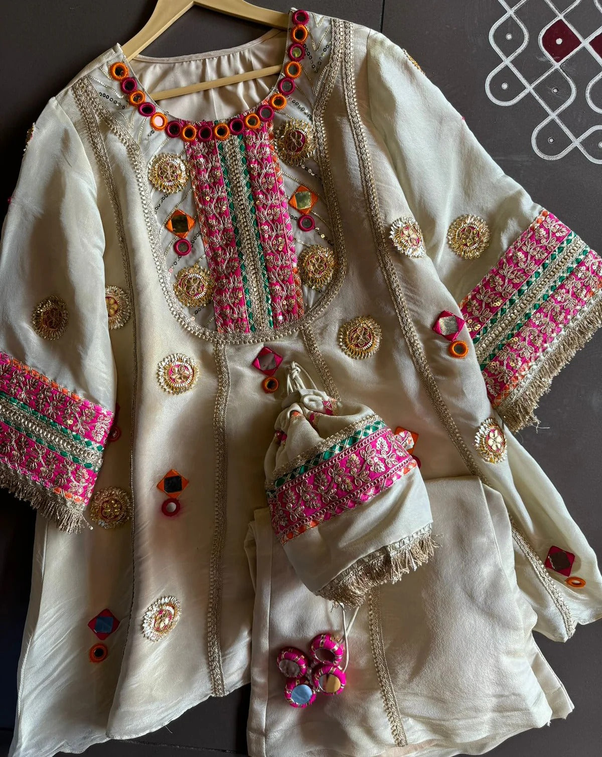 Premium Tissue Silk & Gotta Coord Set With Mirror Work & Potli