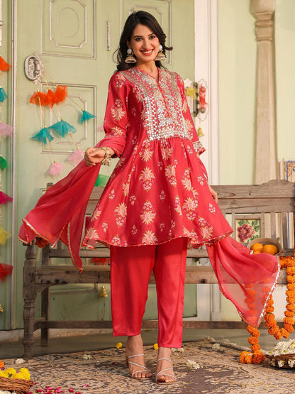 Coral Chanderi Silk Floral Printed Anarkali Set