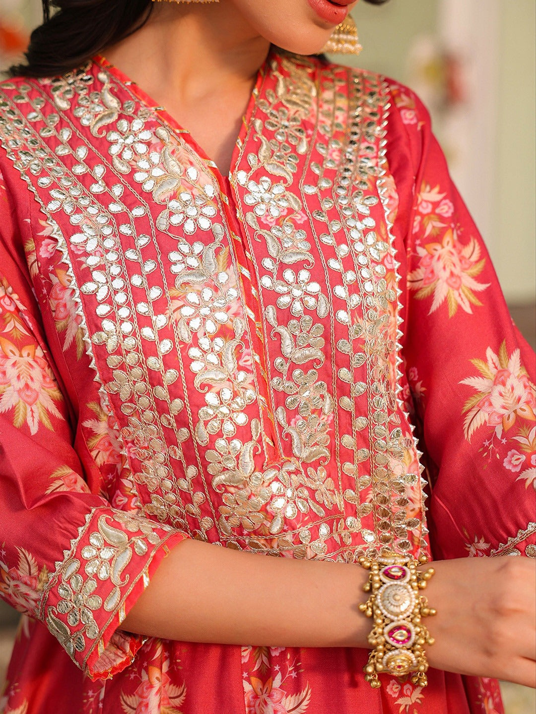 Coral Chanderi Silk Floral Printed Anarkali Set