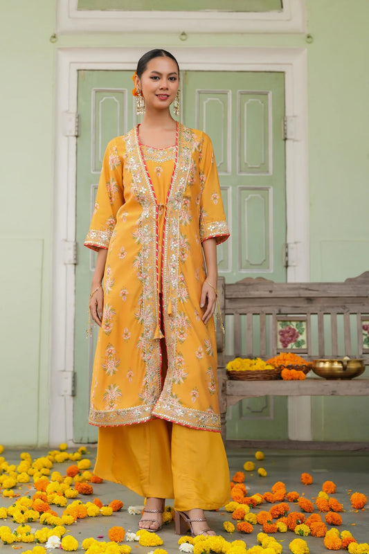 Mustard Chanderi Silk Floral Printed Shrug Set