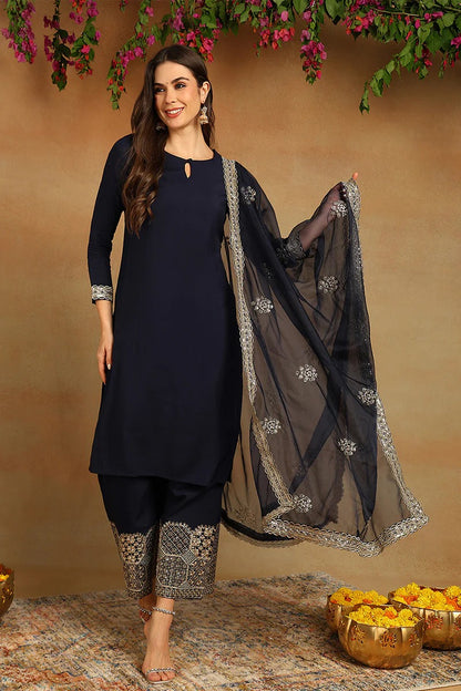 Navy Blue Silk Blend Solid Embroidered Straight Suit Set