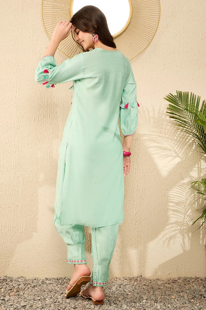 Sea Green Viscose Rayon Solid Embroidered Straight Salwar Kurta Set