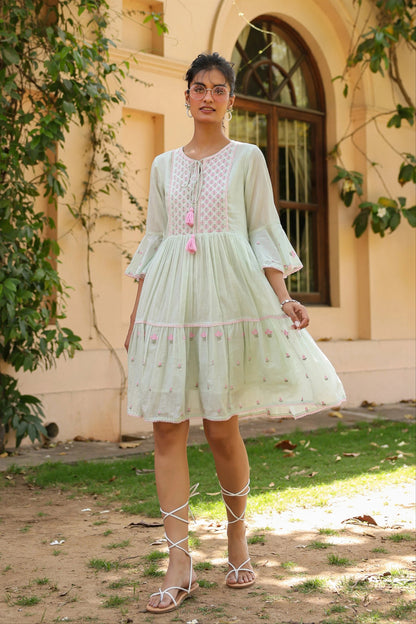 Pistagreen Cotton Mulmul Embroidered Midi Dress