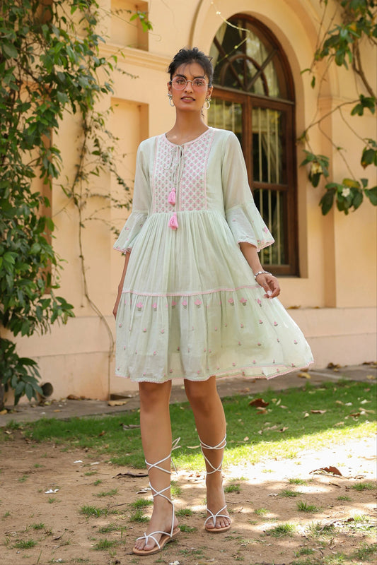 Pistagreen Cotton Mulmul Embroidered Midi Dress