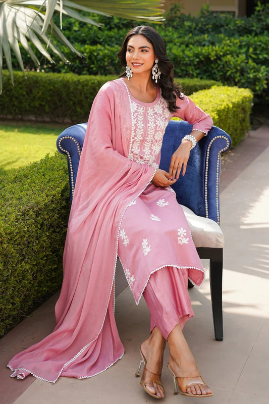 Pink Viscose Solid Embroidered Straight Kurta Palazzo With Dupatta