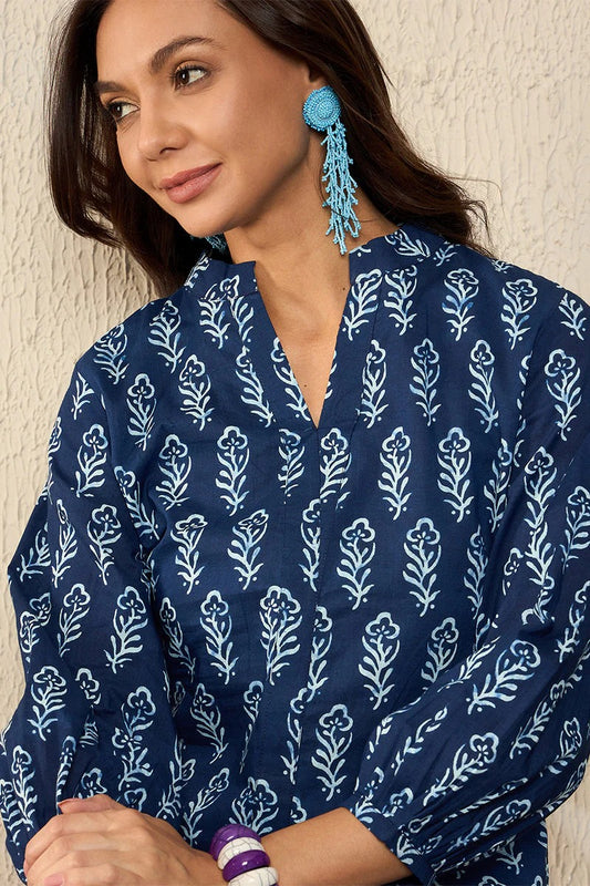 Blue Cotton Blend Floral Printed Regular Top