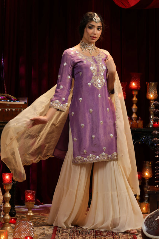Purple-Ivory Shimmer Organza Dori-Gota Work Sharara Set