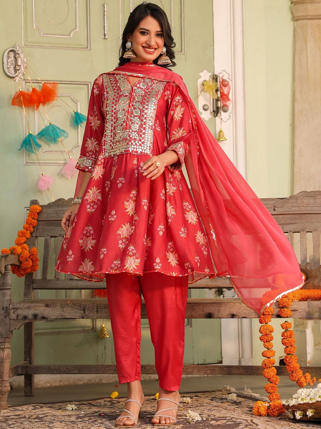 Coral Chanderi Silk Floral Printed Anarkali Set