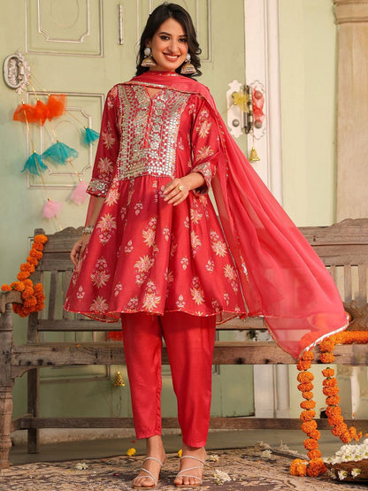 Coral Chanderi Silk Floral Printed Anarkali Set