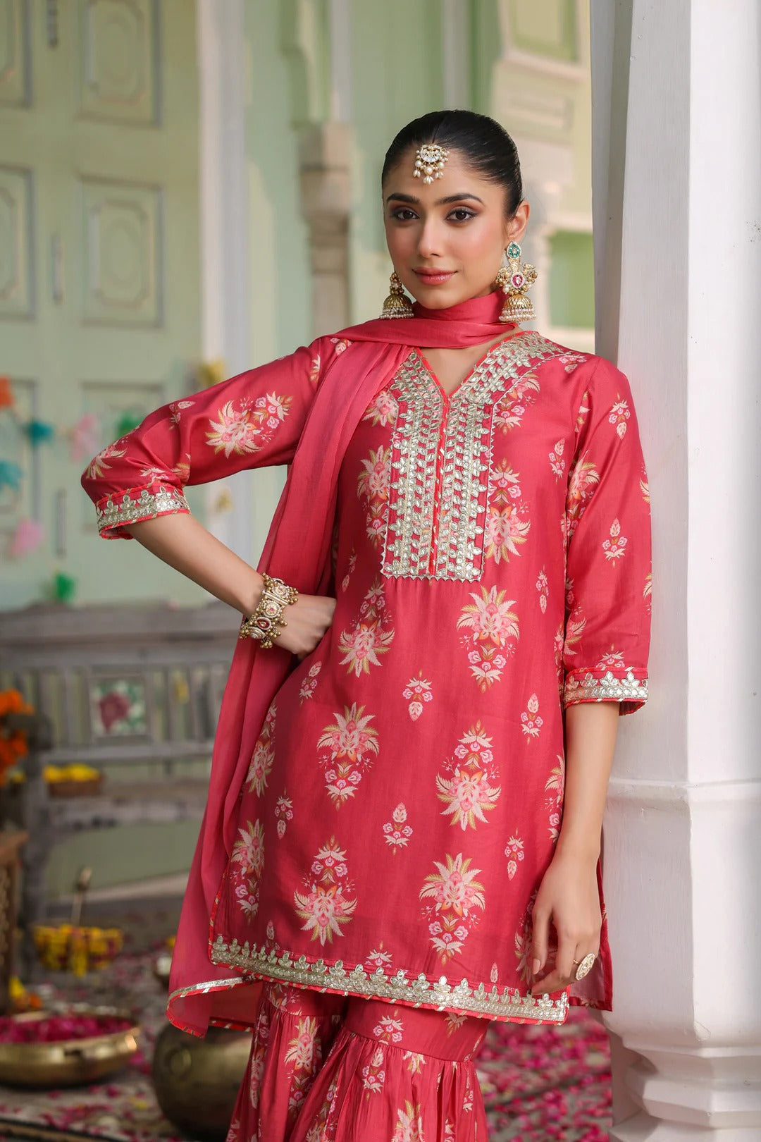 Coral Chanderi Silk Floral Printed Sharara Set