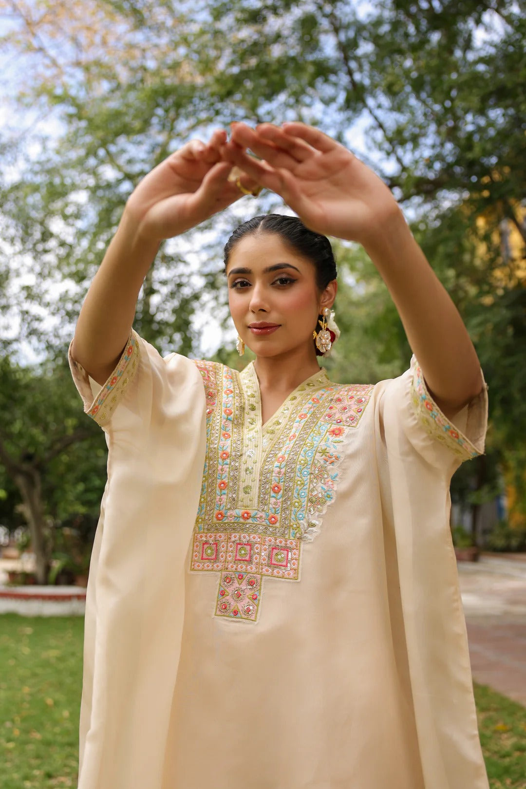 Beige Organza Silk Embroidered Kaftan Set