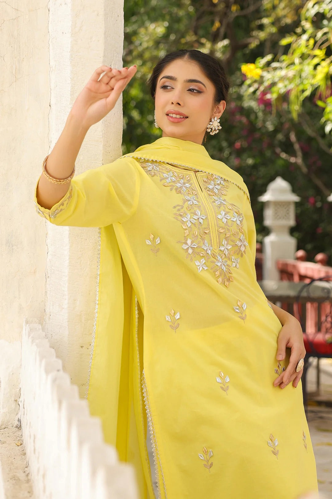Yellow Cotton Cambric Gota Patti Embroidered Straight Suit Set