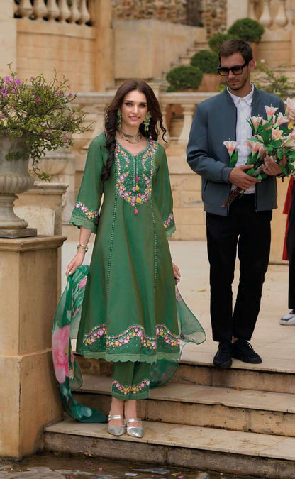Premium Floral Yoke Design Thread Work A-Line Kurta With Trousers & Dupatta