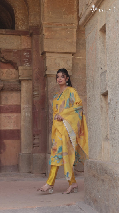 Yellow Printed Tissue Silk Kurta with Pants & Dupatta and Hand-work on neck, 3pc set