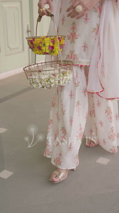Ivory Chanderi Silk Floral Printed Sharara Set