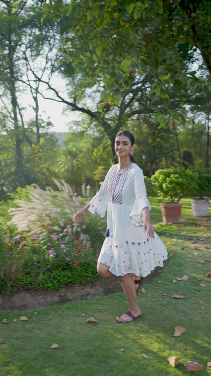 White Cotton Mulmul Embroidered Midi Dress
