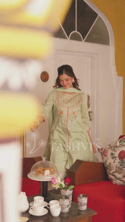 Pistagreen Chanderi Silk Zari Embroidered Anarkali Set