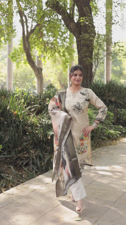 Creme-Black Premium Printed Kurta with Hand-work on neck along with Pants & Dupatta, 3pc set