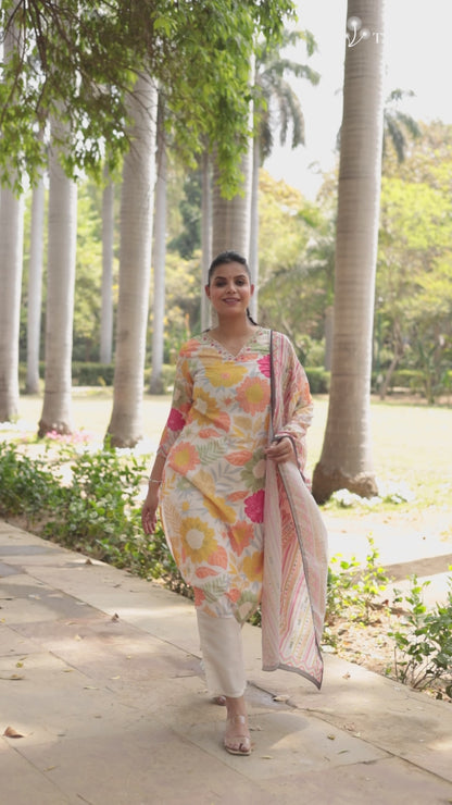 Premium & Soft Multicolor Printed Kurta with Pants & Dupatta with hand-work on neck, 3pc set
