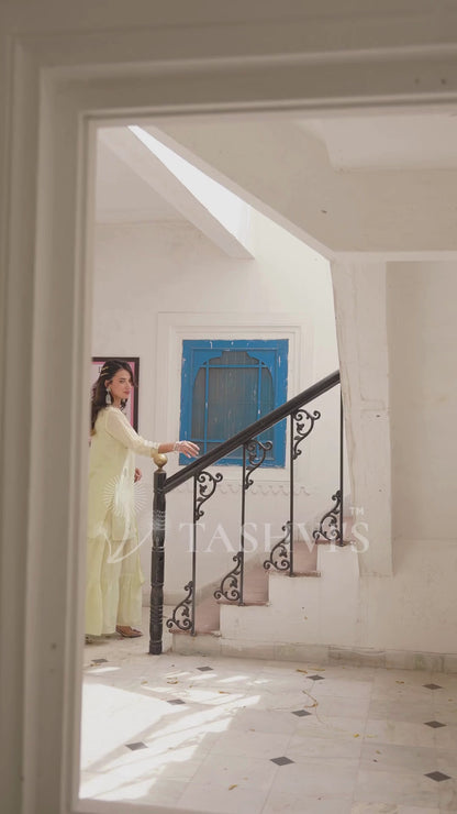 Lime green Mulmul Gota Patti Embroidered Sharara Set