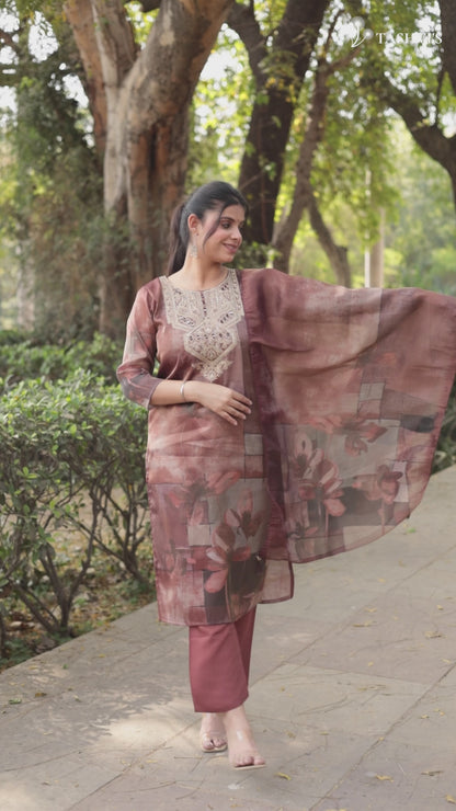 Brown Printed Tissue Silk Kurta with Mirror-work along with Pants & Dupatta, 3pc set