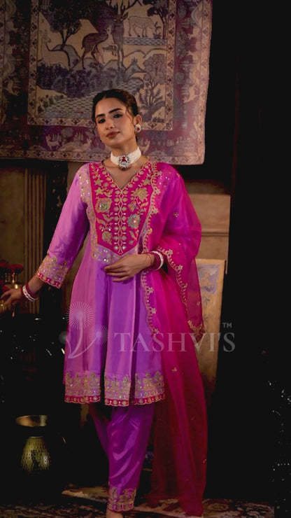 Mauve-Fuchsia Dupion Silk Dori Embroidered Anarkali Set