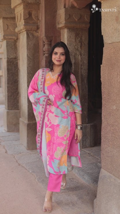 Premium & Soft Pink Floral Printed Kurta with Pants & Dupatta with Hand-work on neck, 3pc set