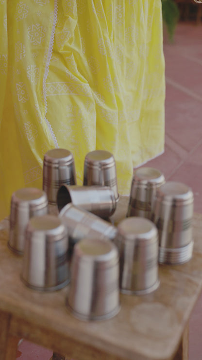 Yellow Cotton Mulmul Khari Printed Gathered Anarkali Set