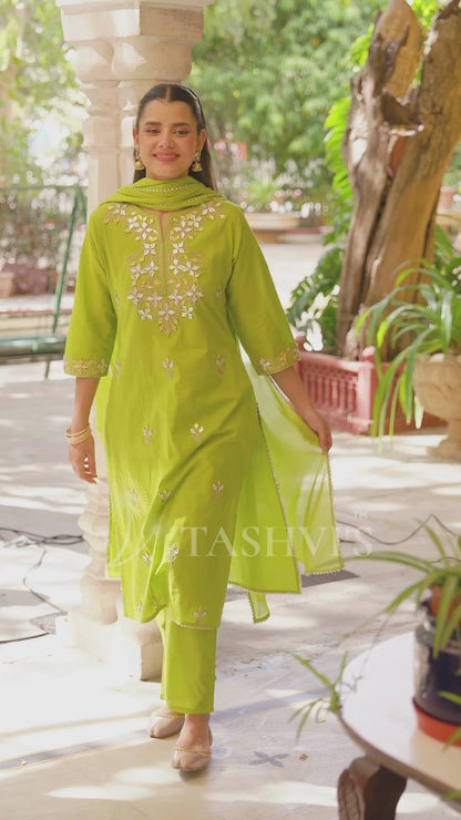 Green Cotton Cambric Gota Patti Embroidered Straight Suit Set
