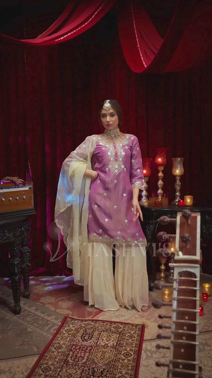 Purple-Ivory Shimmer Organza Dori-Gota Work Sharara Set
