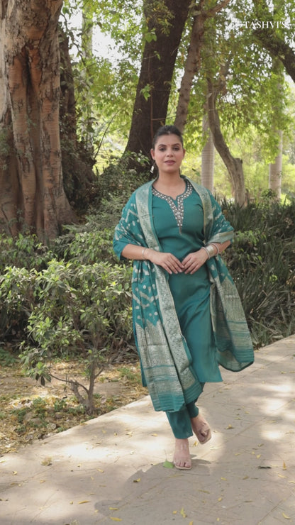Teal Blue Solid Kurta with Hand-work on neck and Weaved Dupatta & Pants, 3pc set