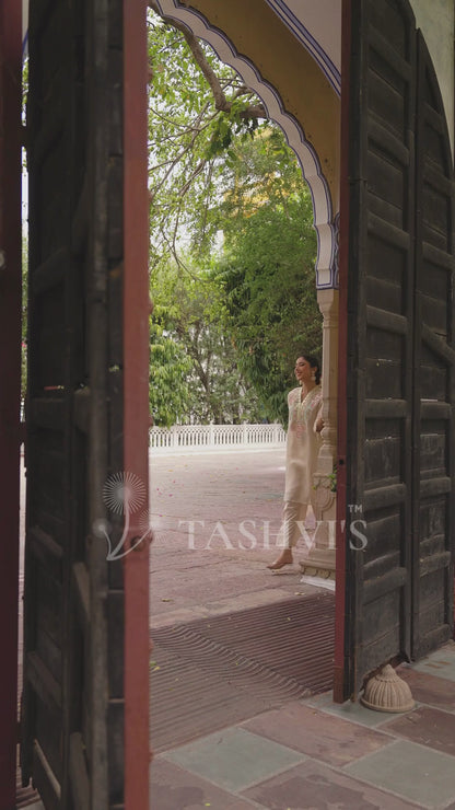 Beige Organza Silk Embroidered Kaftan Set