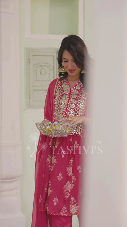 Coral Chanderi Silk Floral Printed Anarkali Set